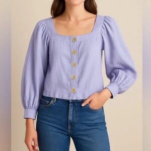 J Crew Linen Square Neck Balloon Sleeve Top in Lavender Size M